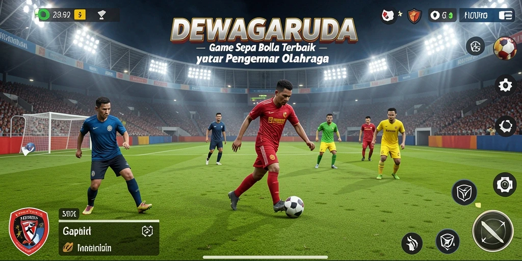 Tampilan gameplay menarik di DEWAGARUDA dengan aksi sepak bola yang seru.