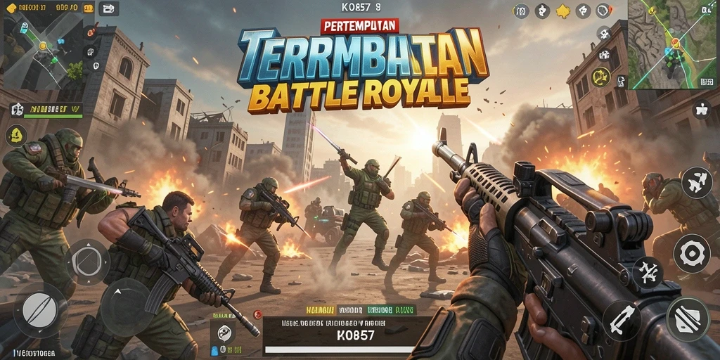 Screenshot gameplay KO857 menampilkan aksi pertempuran seru di arena.