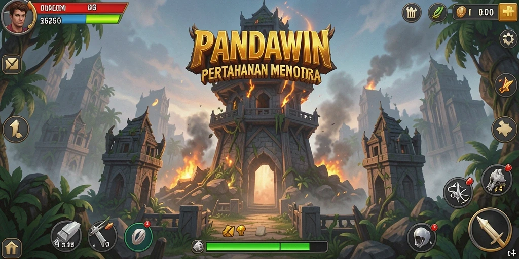 Screenshot utama PANDAWIN menunjukkan aksi seru pertahanan menara.