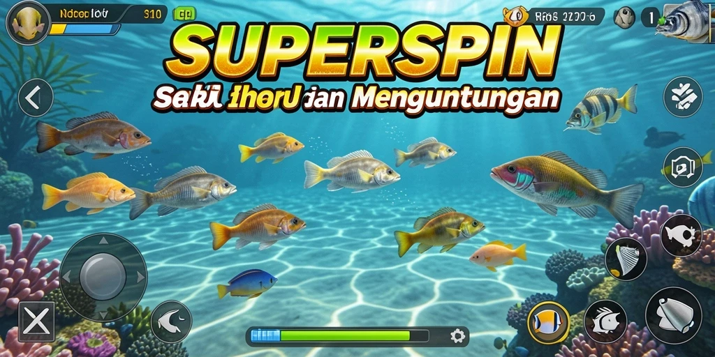 Gameplay SUPERSPIN menampilkan aksi seru menangkap ikan berwarna-warni.