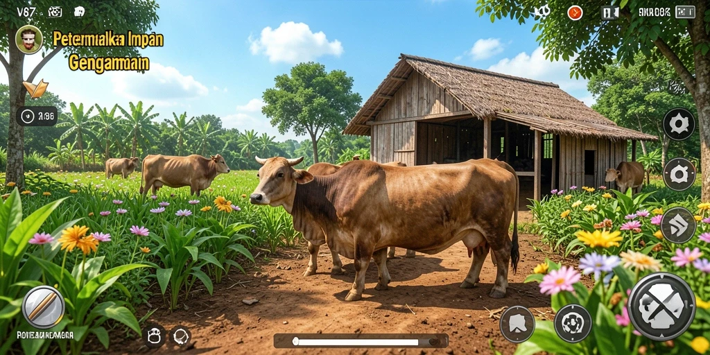 Tampilan gameplay <strong>V87</strong> dengan lingkungan pertanian yang indah.